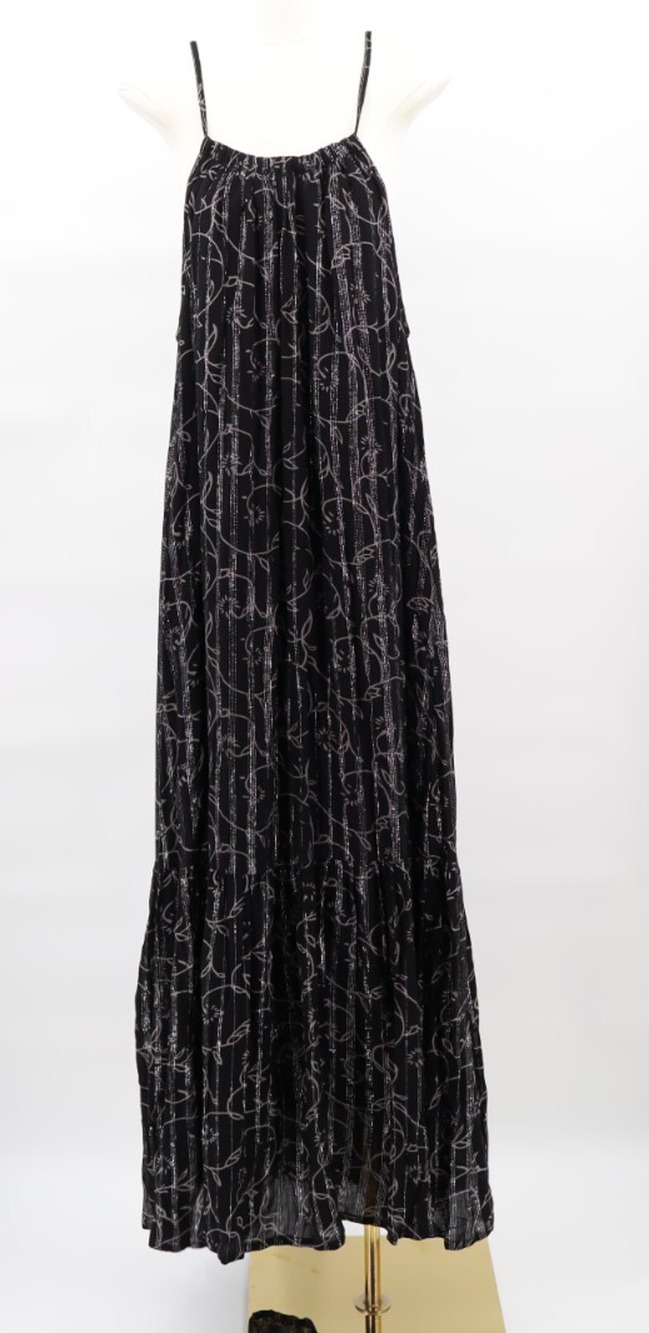 World Market NWT Dress L/XL Metallic Boho Maxi Black Silver Halter Tiered